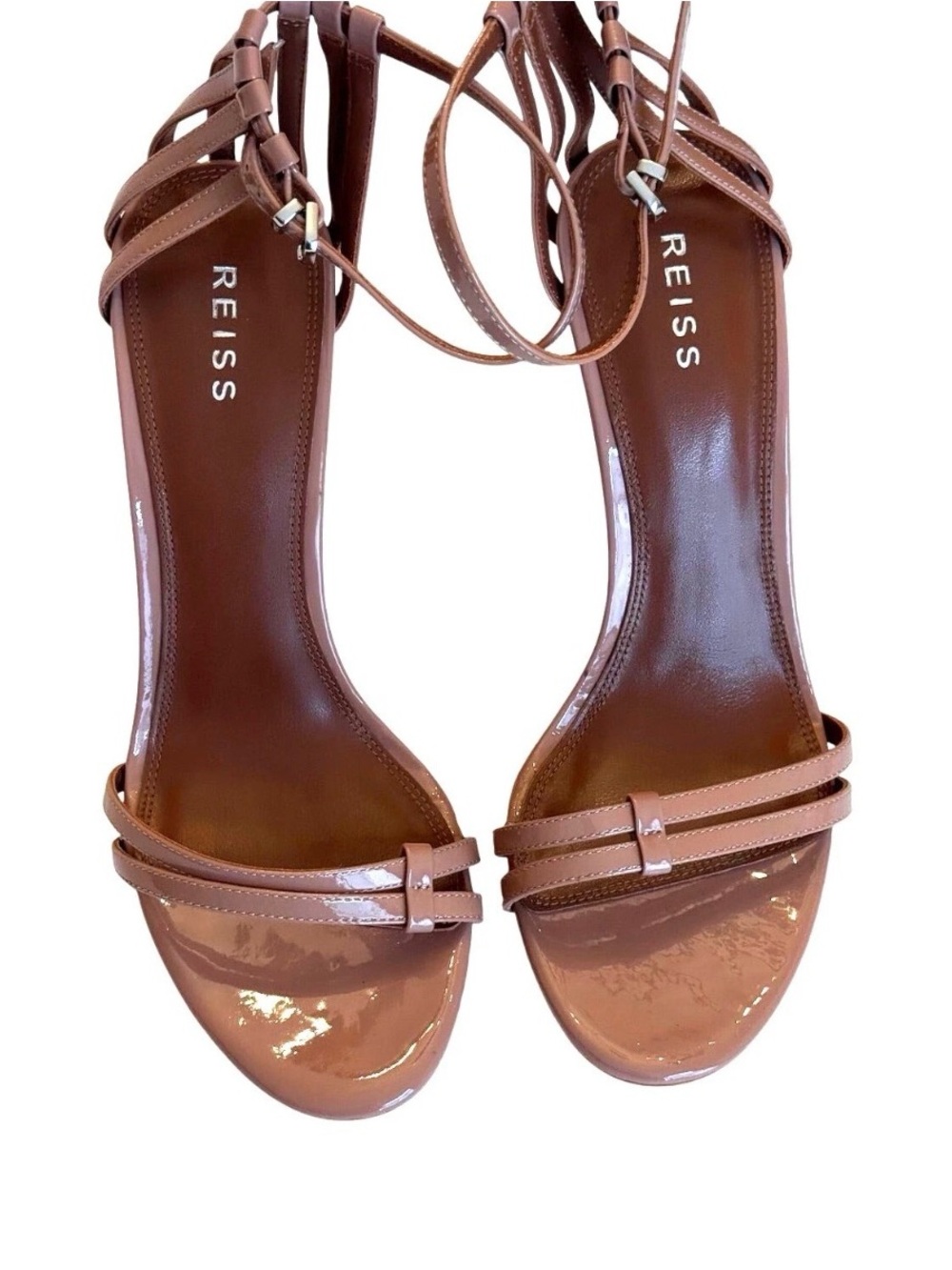 Reiss Patent Leather Strappy Heeled Sandals in Brown Sz 40 US 9.5